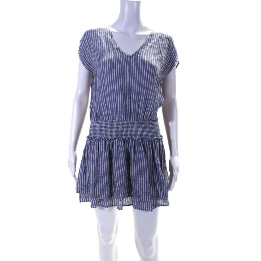 Rails Womens Linen Striped Print Ruched Tiered Empire Waist Dress Blue Size S